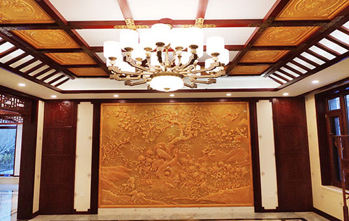 茂南中式别墅客厅中式木作横梁吊顶装饰展示